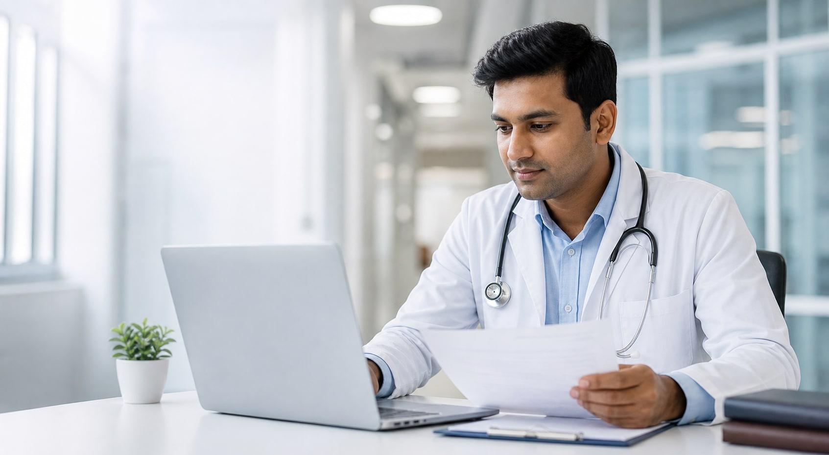 Indian doctor reviewing his professional profile at a hospital workspace