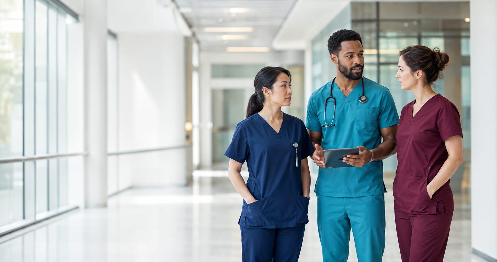 Diverse healthcare professionals wearing modern medical scrubs in a hospital